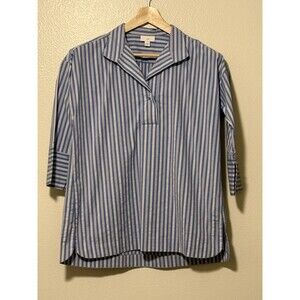 J Jill Popover Top Sz XS Blue White Stripe Nautical Casual Resort Wear Modest